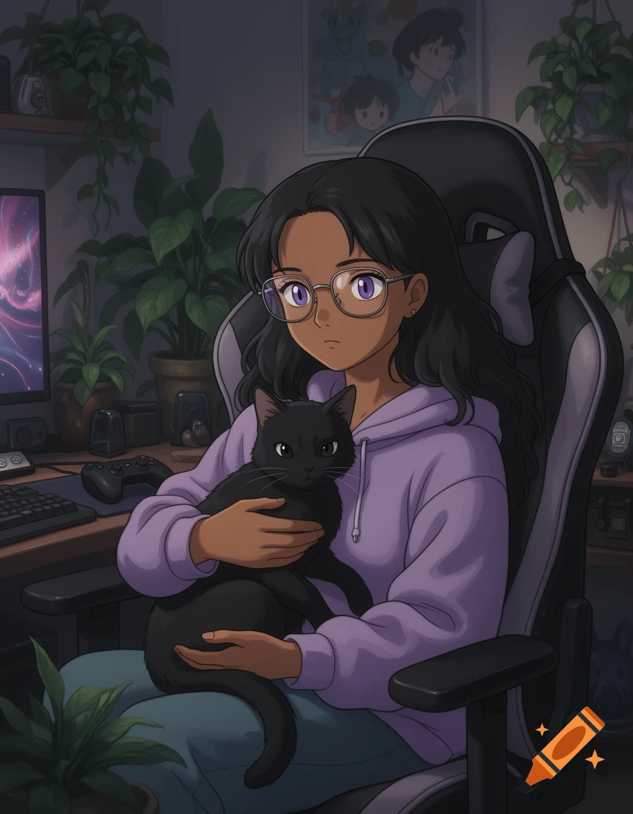 Anime-style girl with glasses and lavender hoodie, holding a black cat in a cozy gamer room.