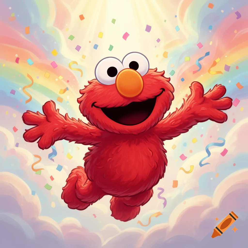 A cheerful red Elmo with arms outstretched, floating happily among colorful confetti, streamers, clouds, and a rainbow.