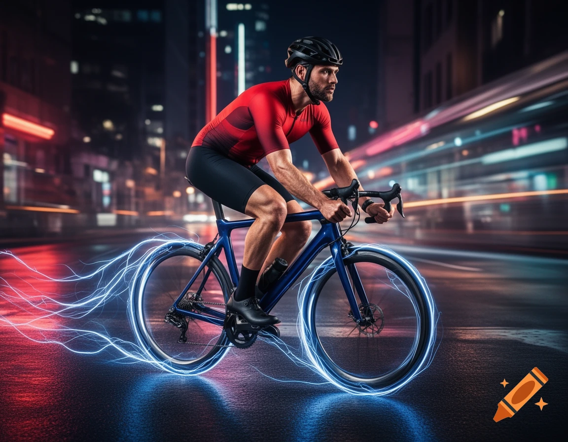 Man in red jersey on a blue racing bike with electric light streaks riding fast on a city street at night.