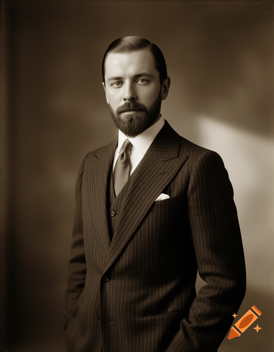 Sepia-toned 1920s portrait of a bearded man with slicked-back hair in a pinstripe suit, hands in pockets.