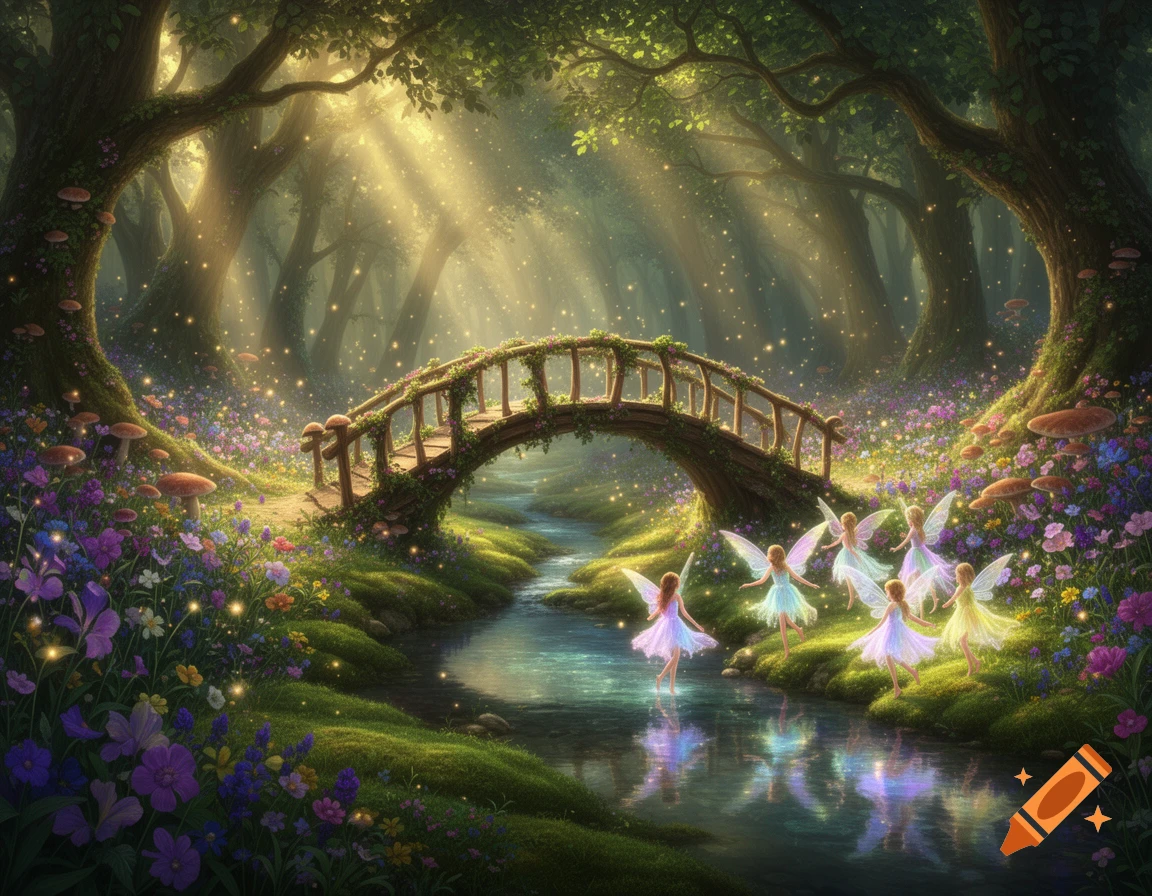 A whimsical enchanted forest with a wooden bridge over a stream, bathed in golden light, with small fairies dancing amongst colorful flowers.