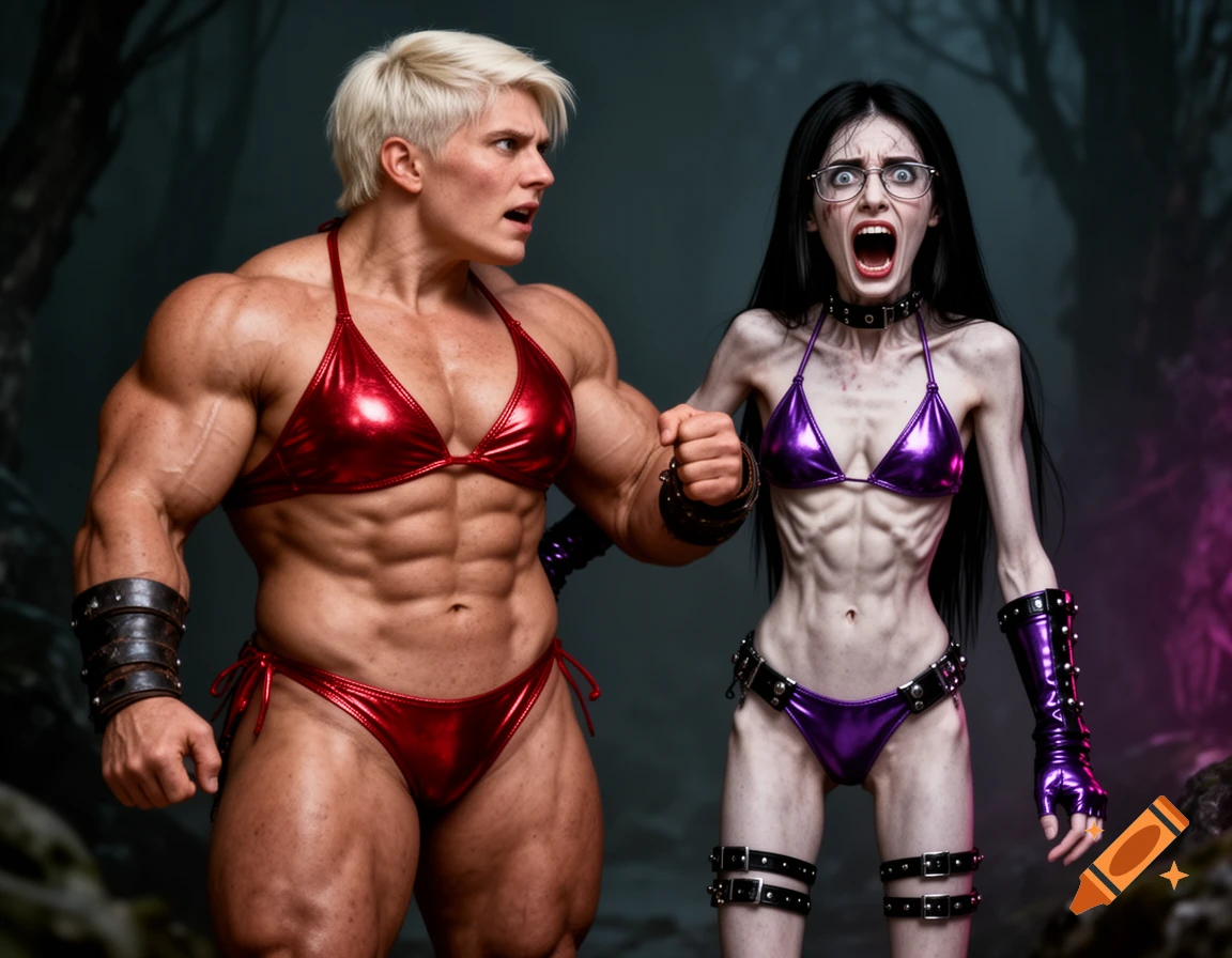 A muscular woman in a red bikini grabs the arm of an extremely thin goth woman in a purple bikini, who is screaming in fear.