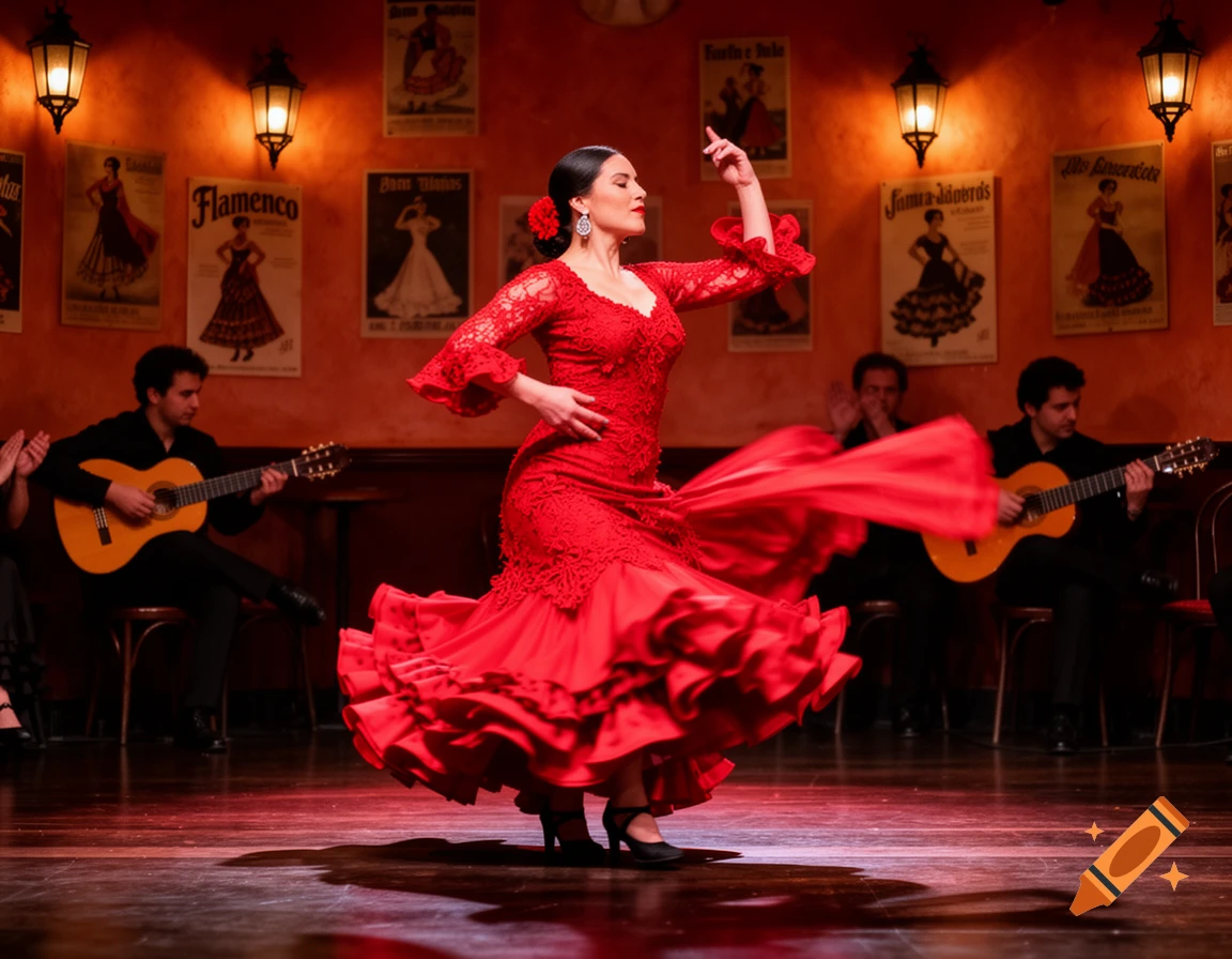 A female flamenco dancer in a vibrant red ruffled dress performs on stage, surrounded by guitarists under warm lighting.