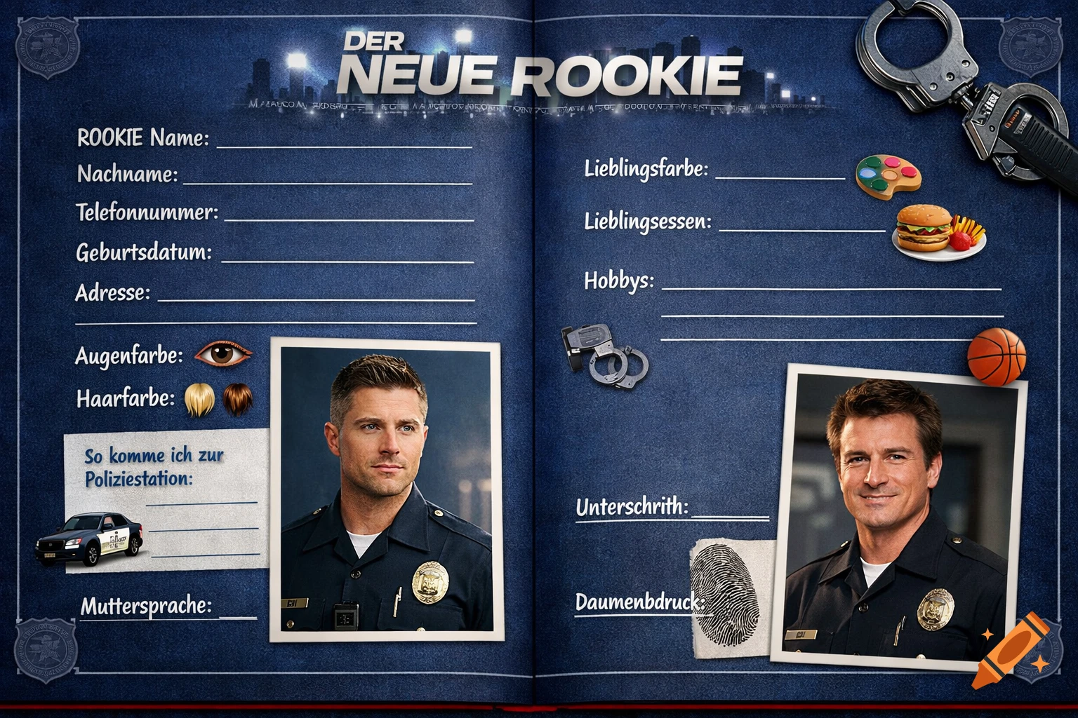 A two-page 'friendship book' style spread for 'THE NEW ROOKIE' with fields for personal information, hobbies, and spaces for two photos of smiling male police officers in uniform. The background is dark blue with a cityscape silhouette.