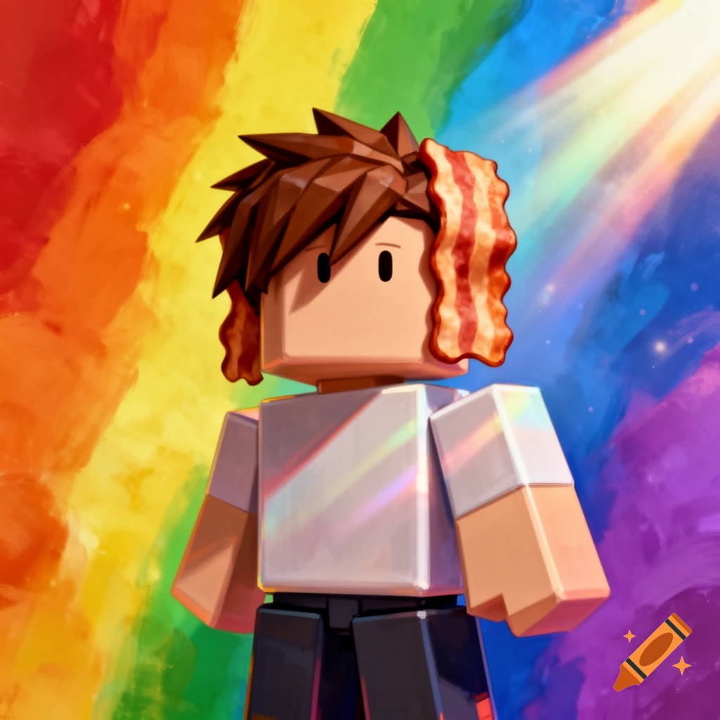 Blocky Roblox character with spiky brown hair and bacon slices on its head, against a vibrant painted rainbow background.