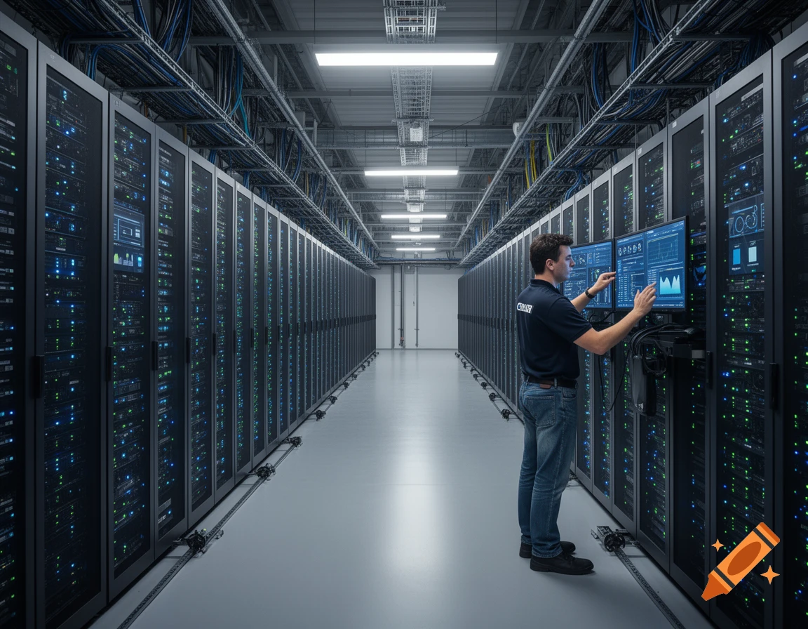A male IT professional monitors servers and data on dual screens in a long, brightly lit data center aisle filled with server racks.