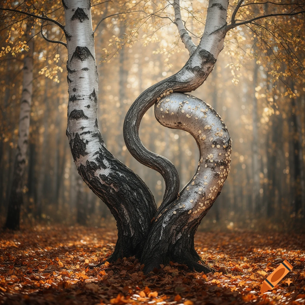 Two intertwined birch trees form a yin-yang shape on a leaf-covered forest floor, bathed in soft light.