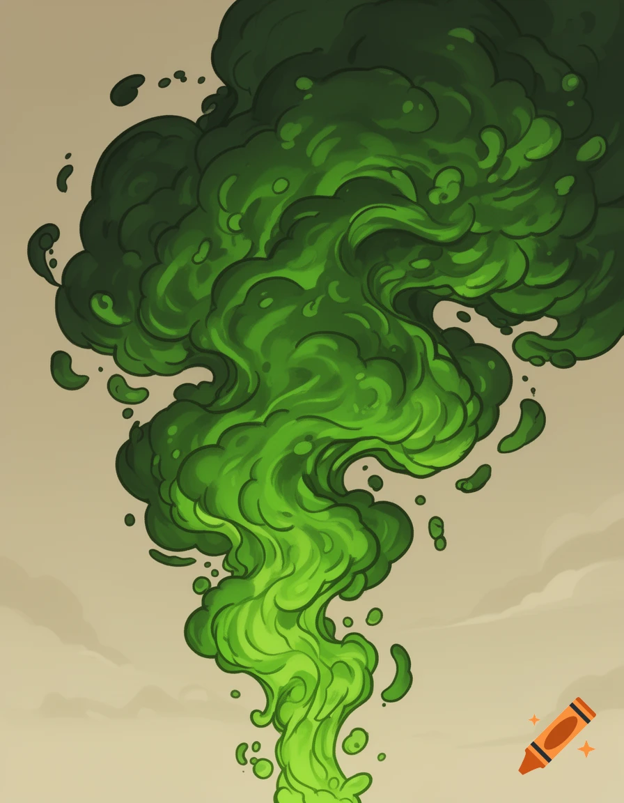 A stylized cartoon illustration of a vibrant green smoke cloud rising against a light tan background.