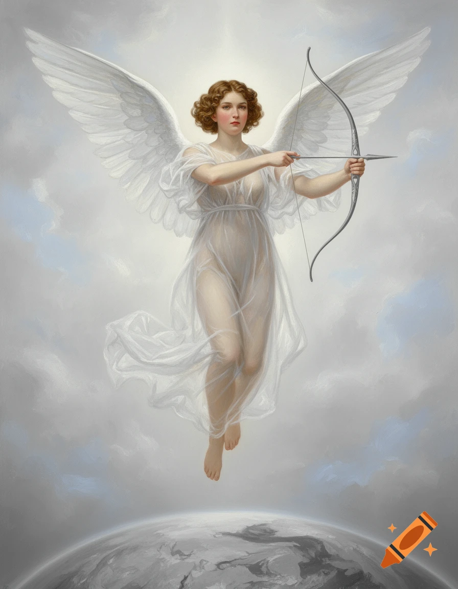 Oil painting of a curly-haired angel with white wings, transparent gown, aiming a bow and arrow while floating above Earth in cloudy sky.