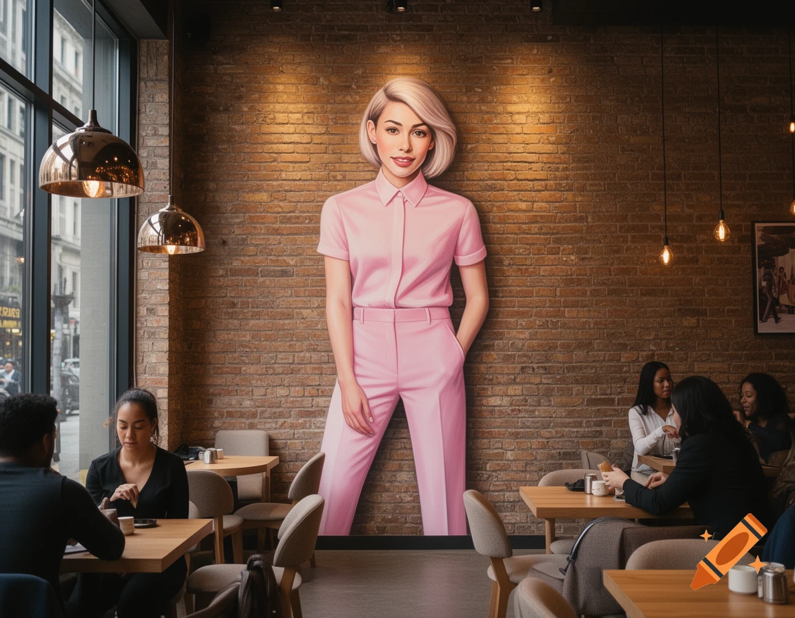 Photorealistic mural of a person in a pink suit on a brick cafe wall with patrons dining.