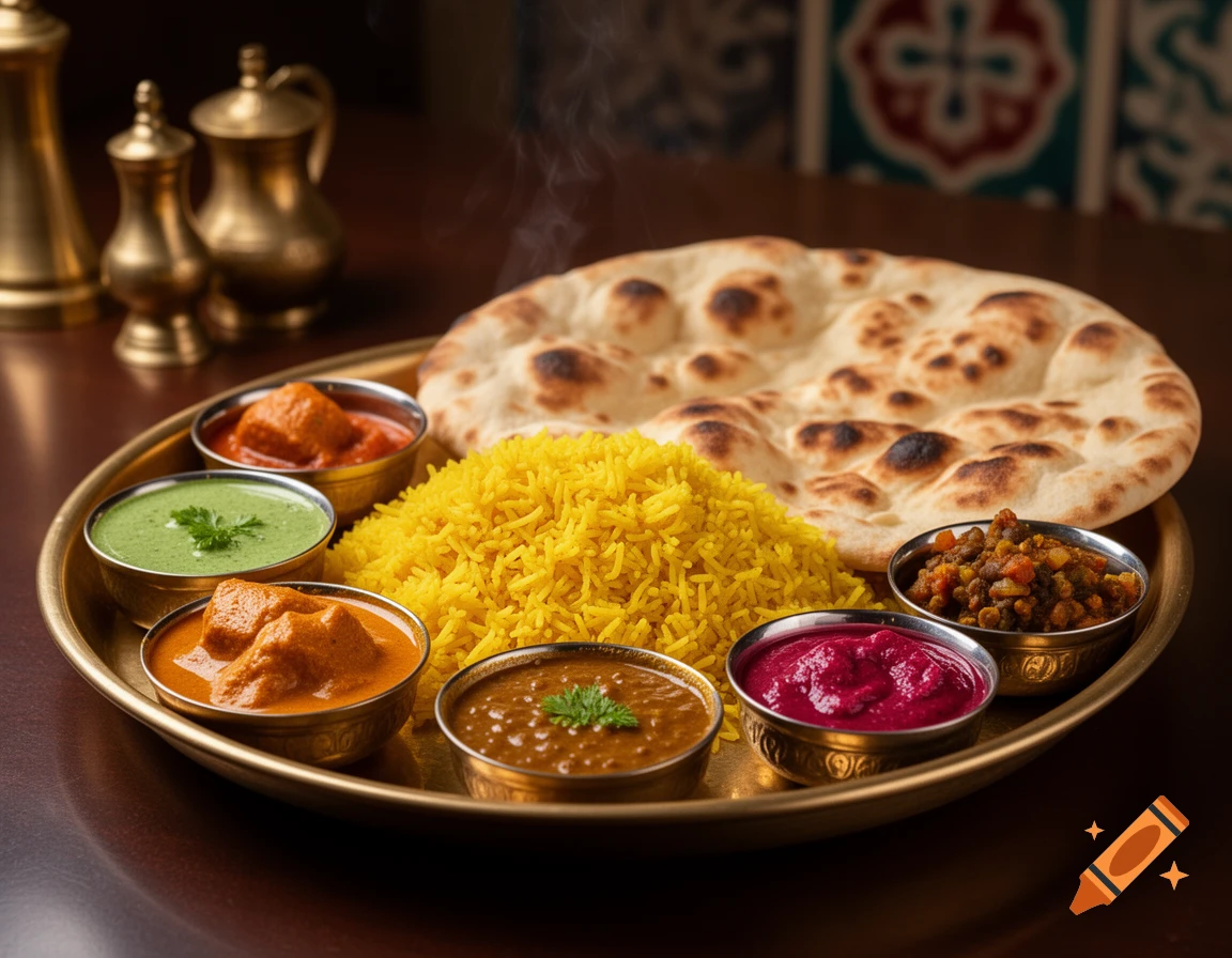 A vibrant plate of Indian thali featuring yellow rice, naan bread, and six small bowls of various curries and dishes.