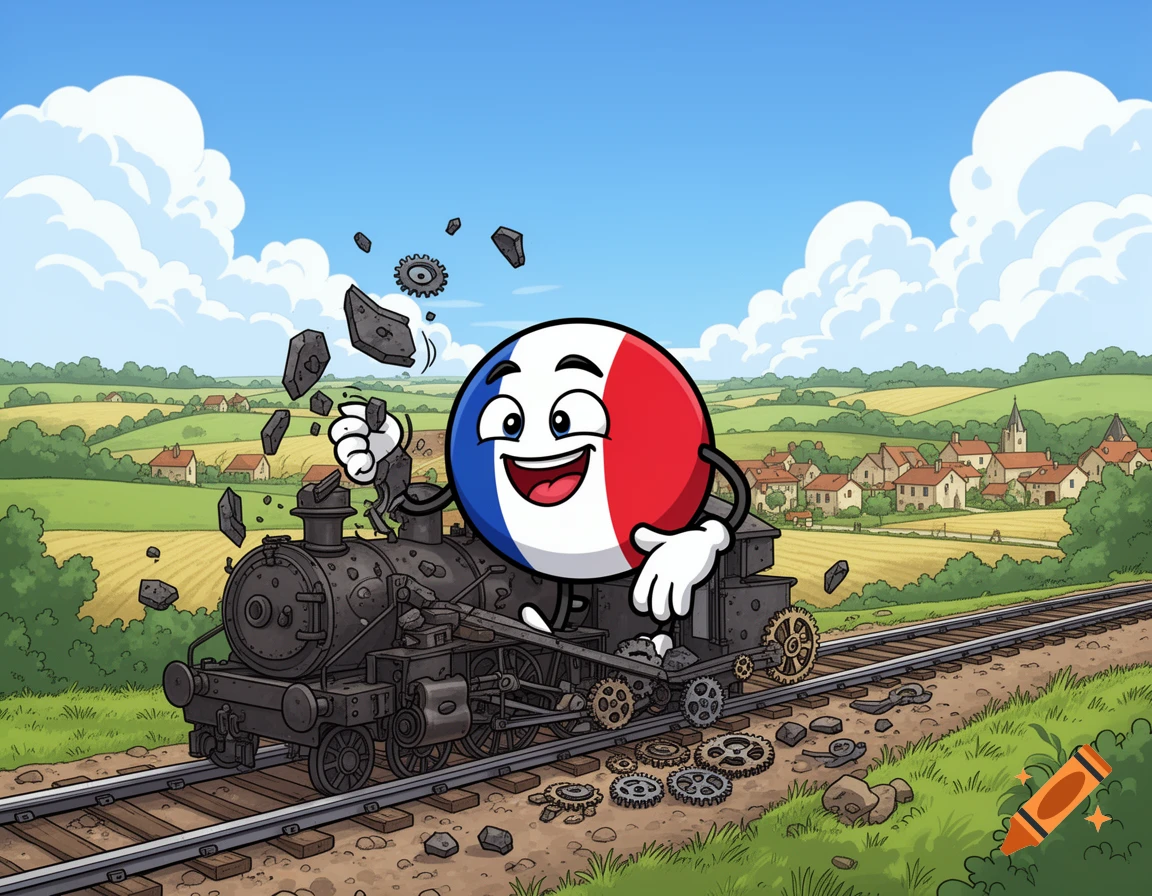 A cartoon France countryball character happily destroys a train on tracks in a scenic countryside with a village.