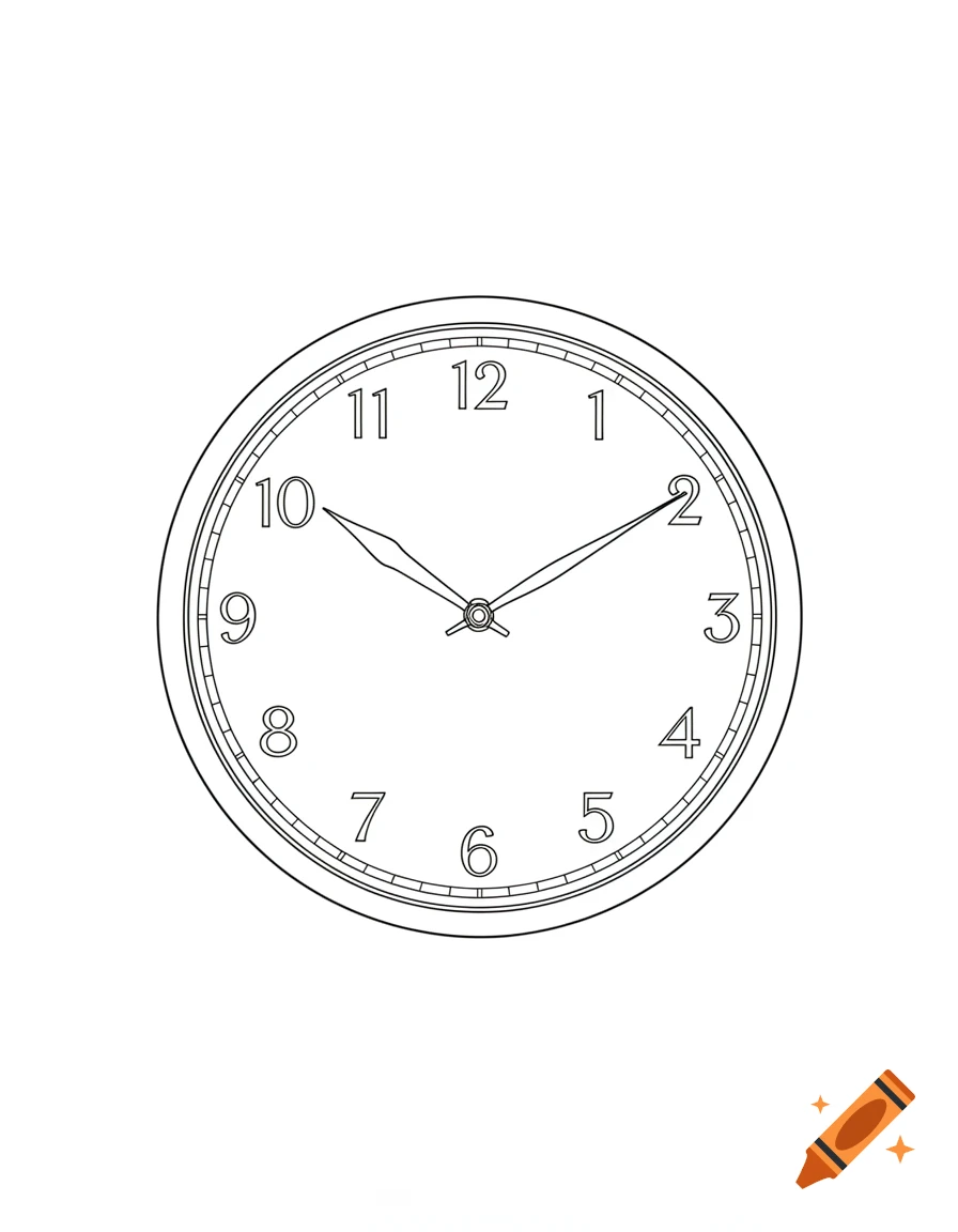 A minimalist black and white line art drawing of a clock face with numbers 1 through 12 and hands pointing to approximately 10:10.