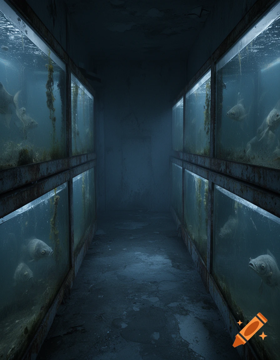 A dark, narrow, run-down room with old, murky fish tanks lining both walls. Fish are visible in the tanks, which are dimly lit with a dull blue glow.
