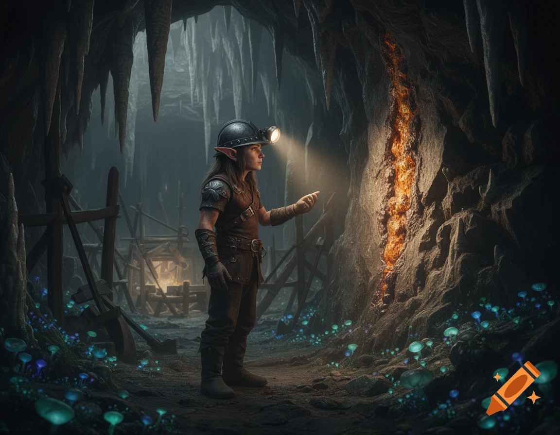 A fantasy elf miner with a headlamp illuminates a glowing orange vein in a dark cave filled with bioluminescent mushrooms.