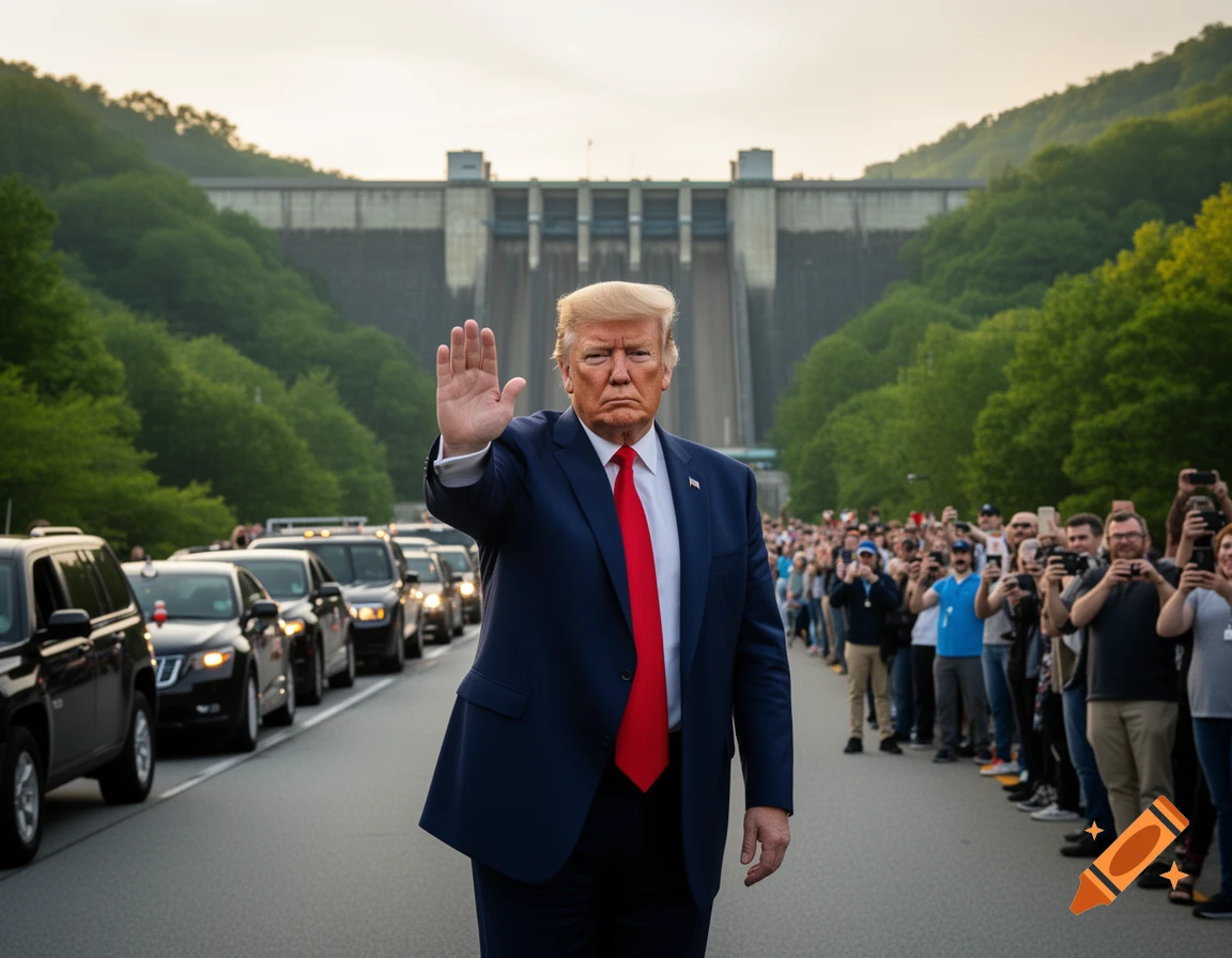 Donald Trump in a suit raises his hand, standing on a road flanked by SUVs and a crowd, with a large dam behind him.