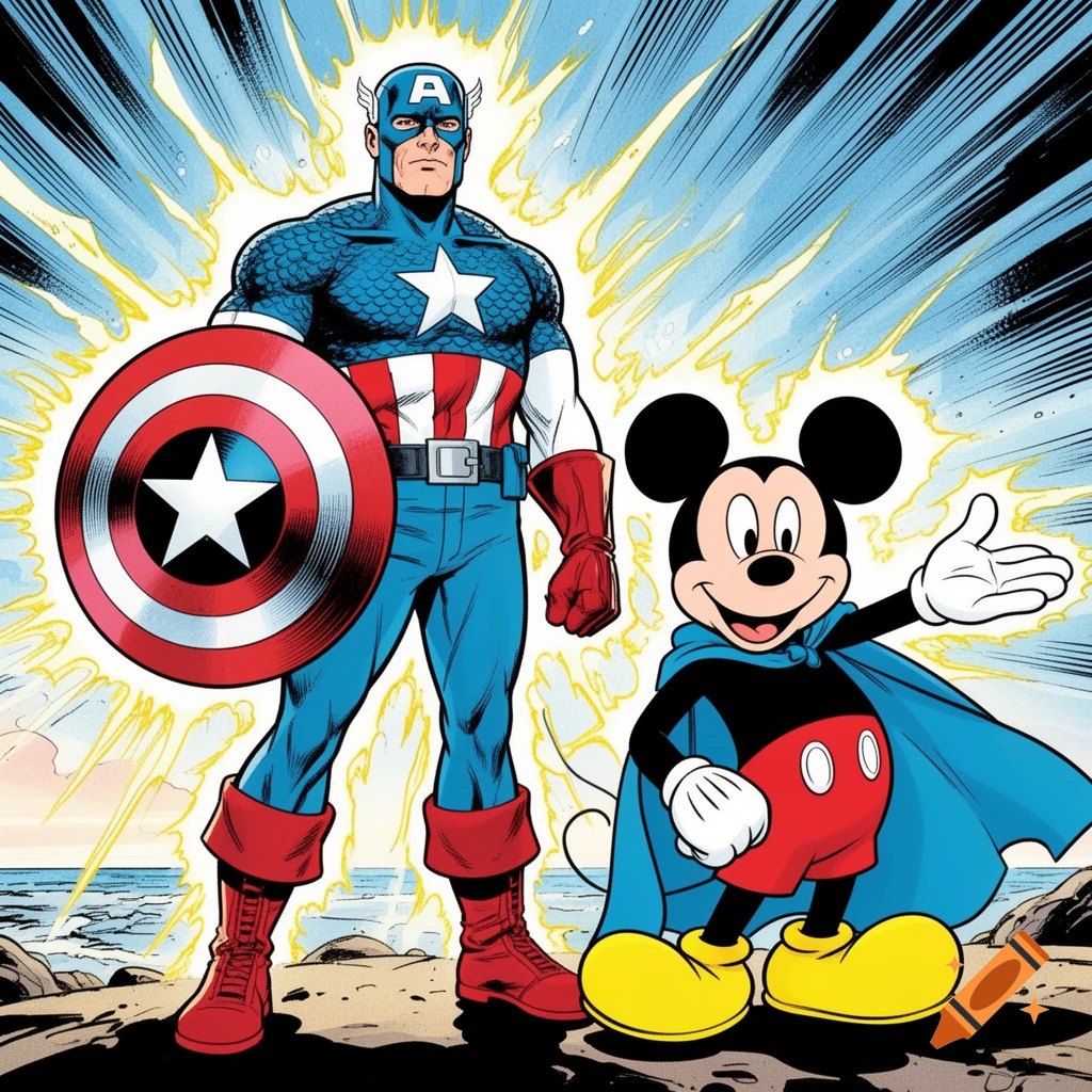 Captain America with his shield and Mickey Mouse in a cape, standing against a bright comic book background with a coastline.