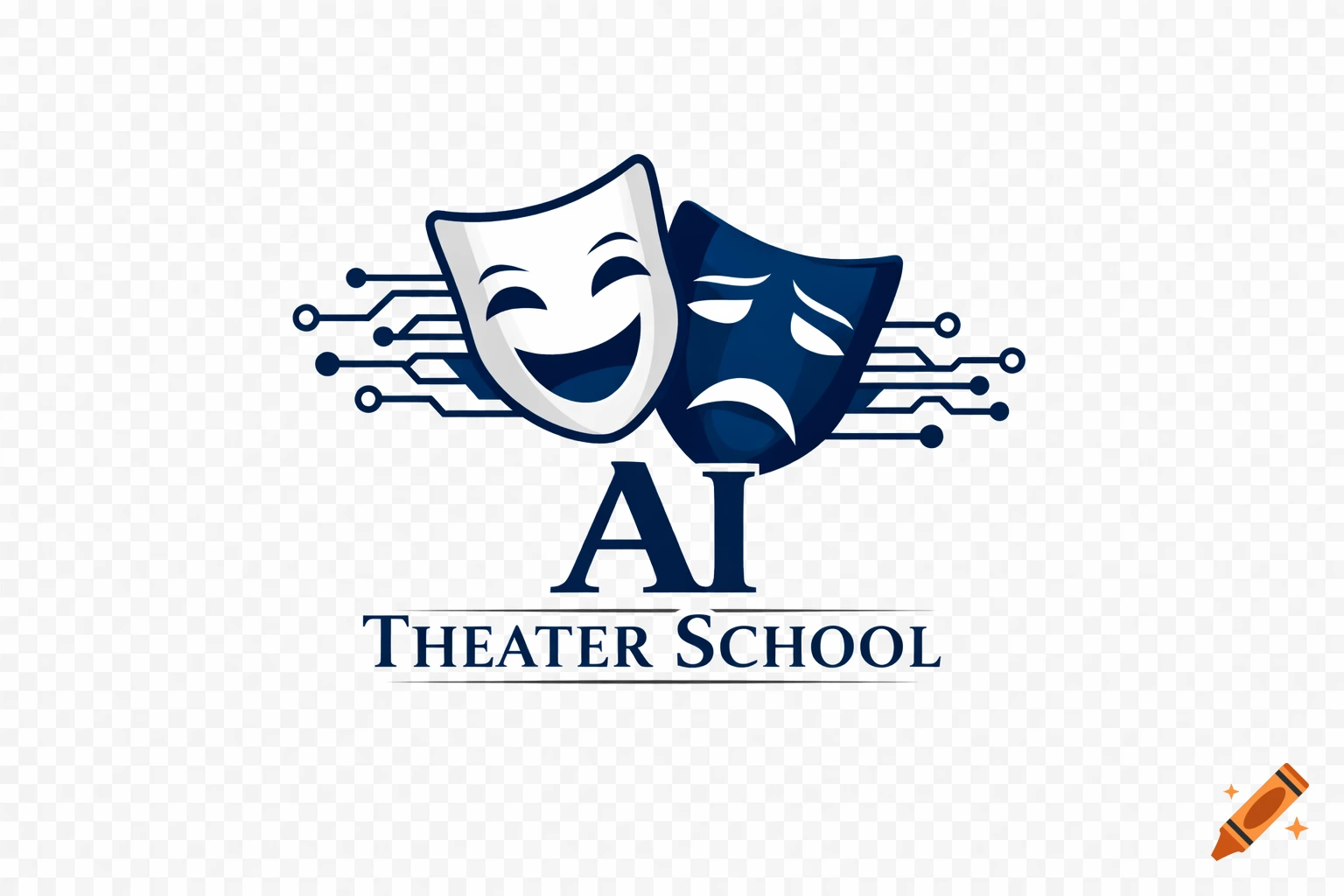 A logo featuring white happy and blue sad theater masks with circuit lines, and the text AI Theater School.