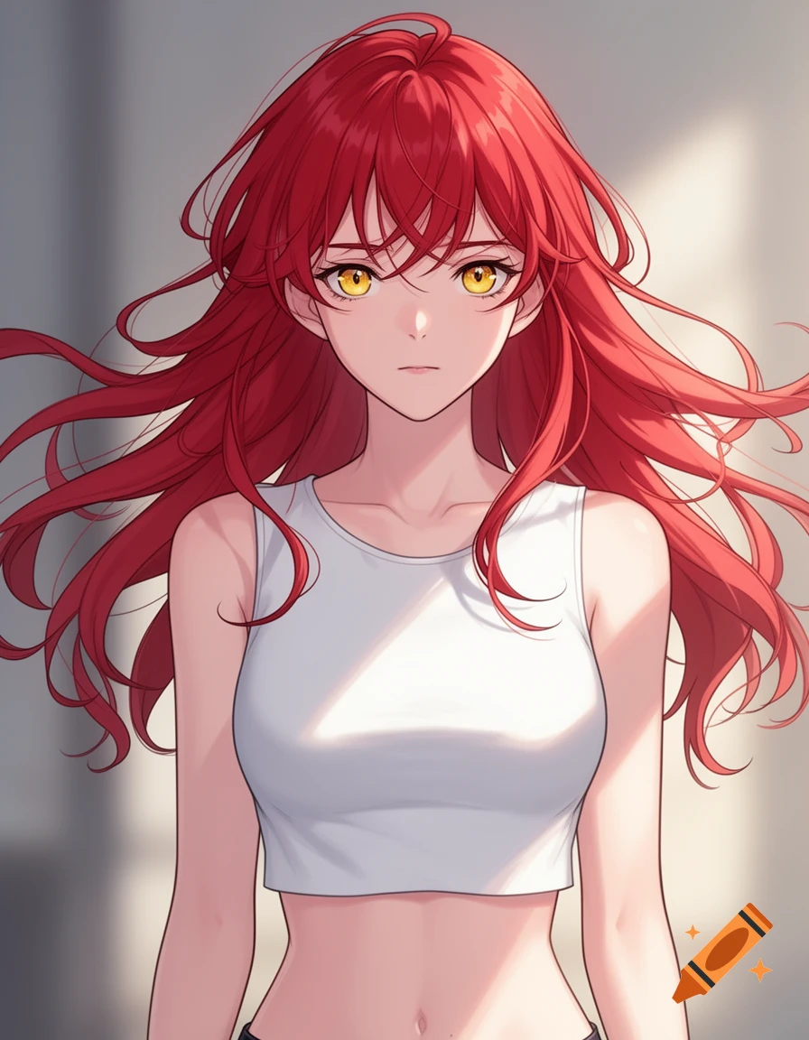 Anime girl with long red wavy hair, yellow eyes, and a white crop top.