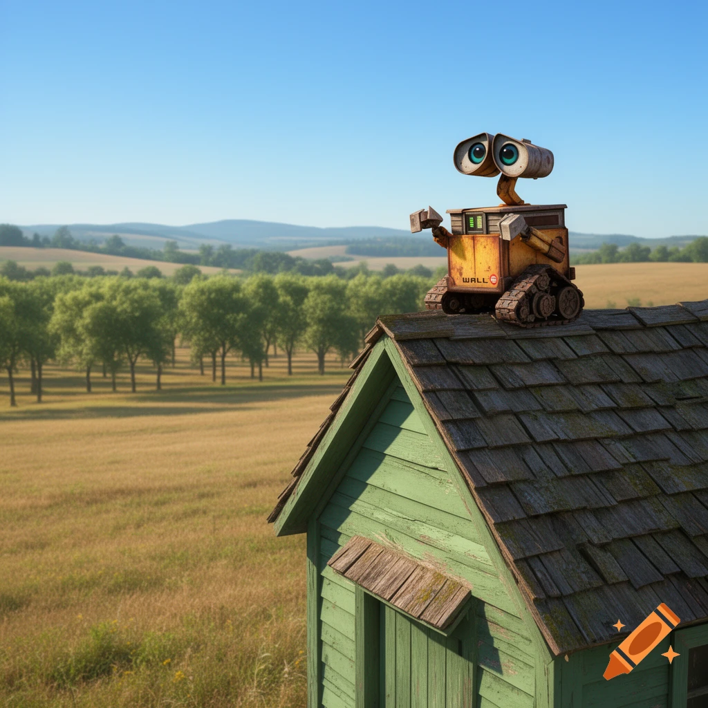 Photorealistic render of the robot WALL-E on a green shed roof, overlooking a vast golden field and distant trees.