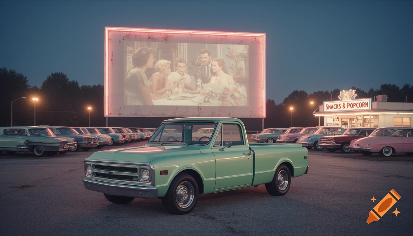 A mint green 1968 Chevy pickup at a retro American drive-in movie theater at dusk, with other vintage cars and a 'Snacks & Popcorn' building.
