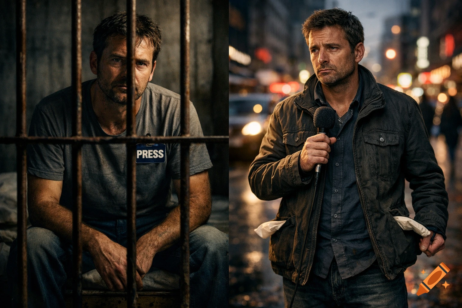 Diptych of a journalist: left, behind prison bars with a 'PRESS' badge; right, holding a microphone on a street with empty pockets. Photorealistic style.
