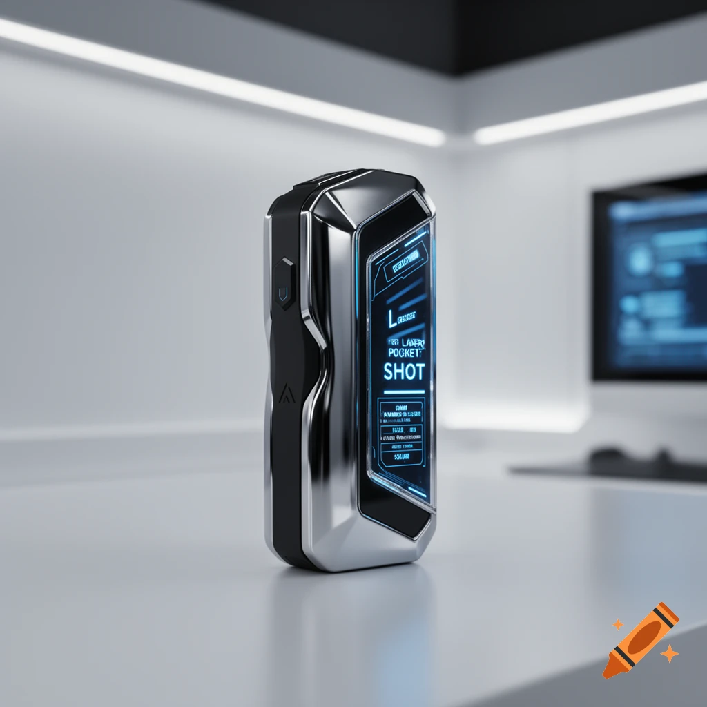 A sleek, metallic, black and chrome futuristic device with a glowing blue screen displaying "LASER POCKET SHOT" on a white table.