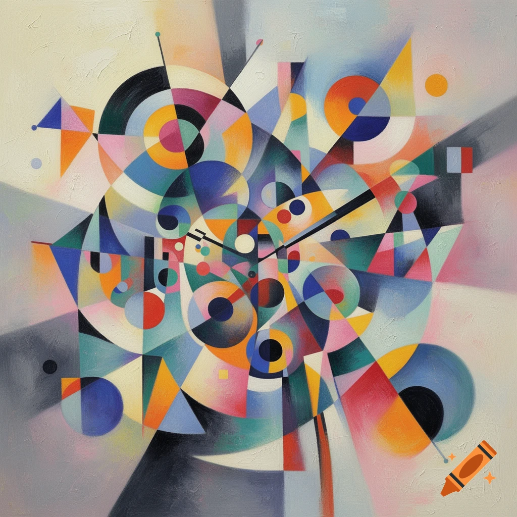 A vibrant abstract geometric painting with overlapping circles, triangles, and lines in blue, red, yellow, and green, evoking Kandinsky's style.