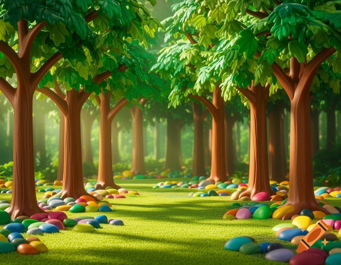 A vibrant Playmobil-style forest with large green-leafed trees and colorful, smooth stones scattered on bright green grass.