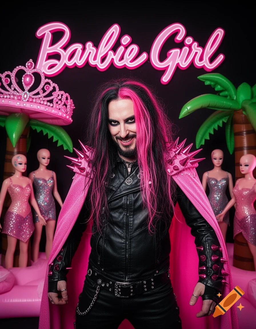 A man with black and pink hair, gothic makeup, and a pink spiked cape stands in front of a "Barbie Girl" neon sign and pink mannequins.