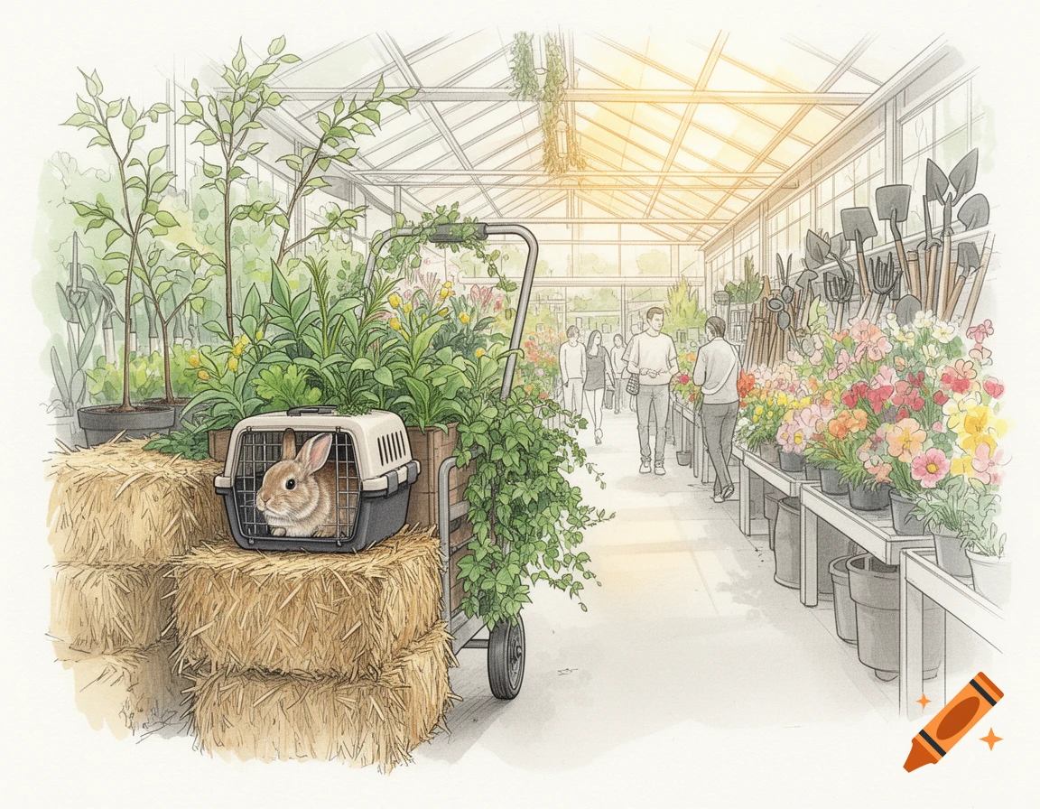 Sketch illustration of a rabbit in a pet carrier on a trolley, surrounded by hay bales and plants in a bright garden center with shoppers.