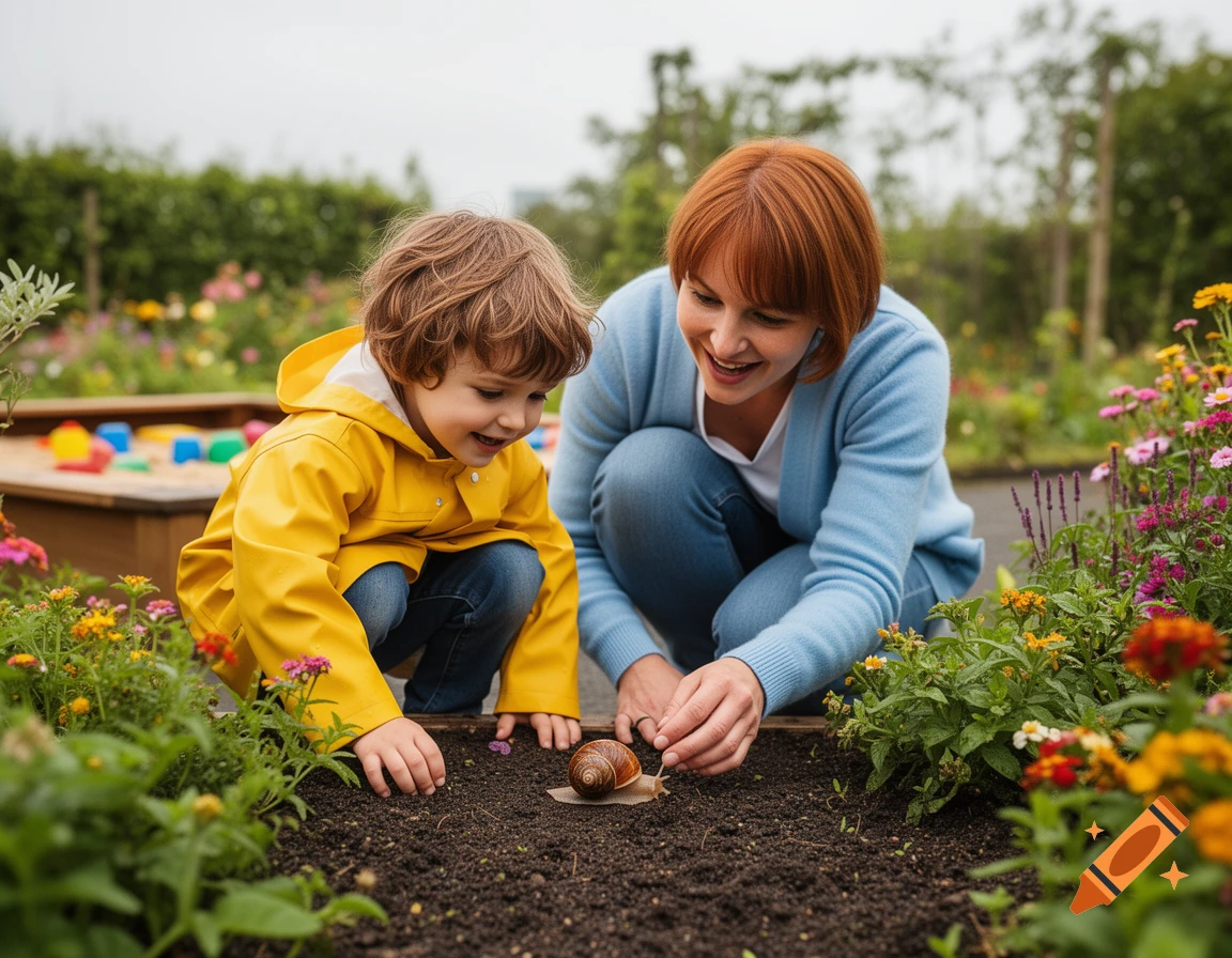 A child in a yellow raincoat and an adult happily crouch in a garden, observing a snail on the dirt.