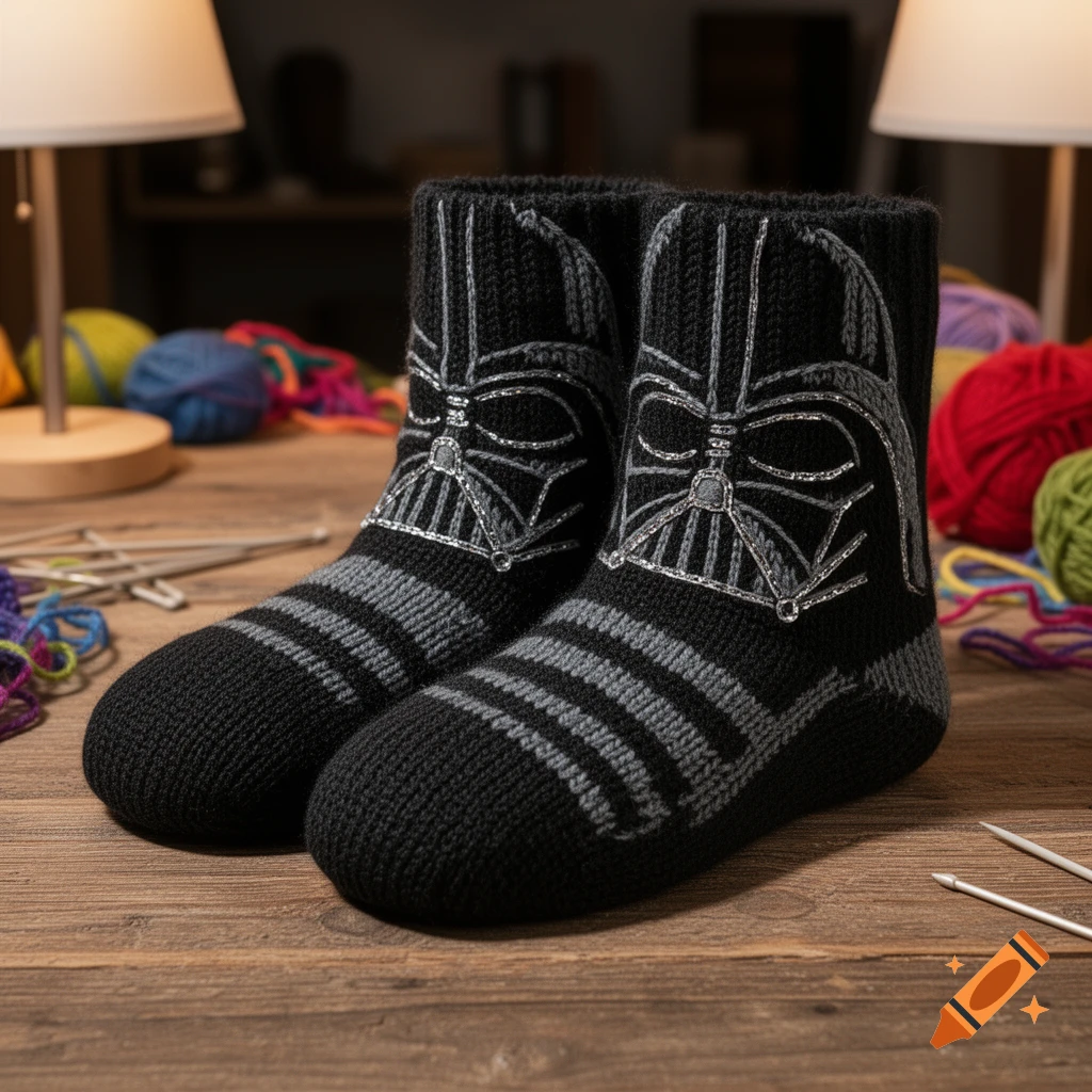 A pair of black knitted socks with grey stripes and a silver Darth Vader helmet design on a wooden table with yarn and knitting needles.