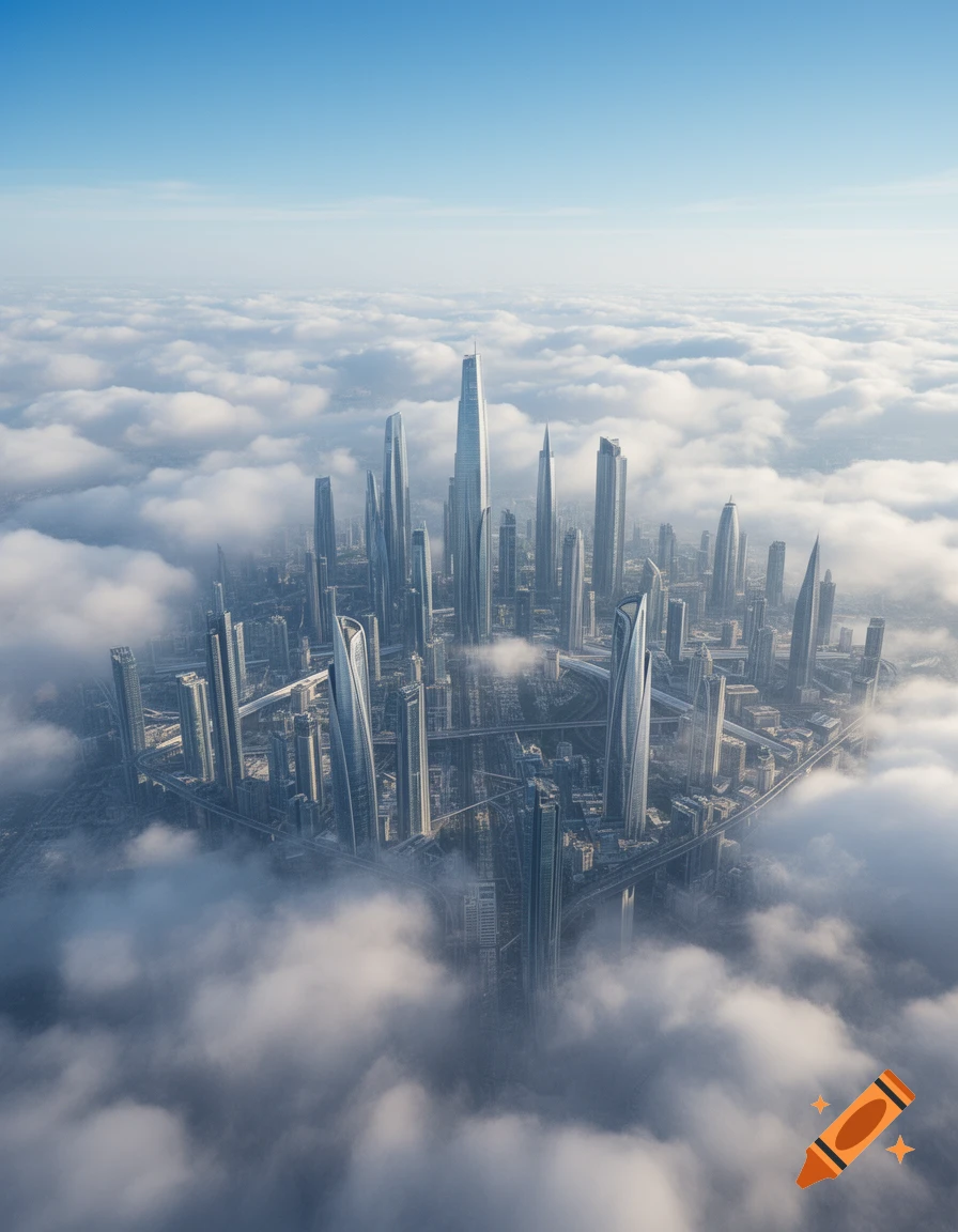 An aerial view of a futuristic city with numerous tall, sleek ...