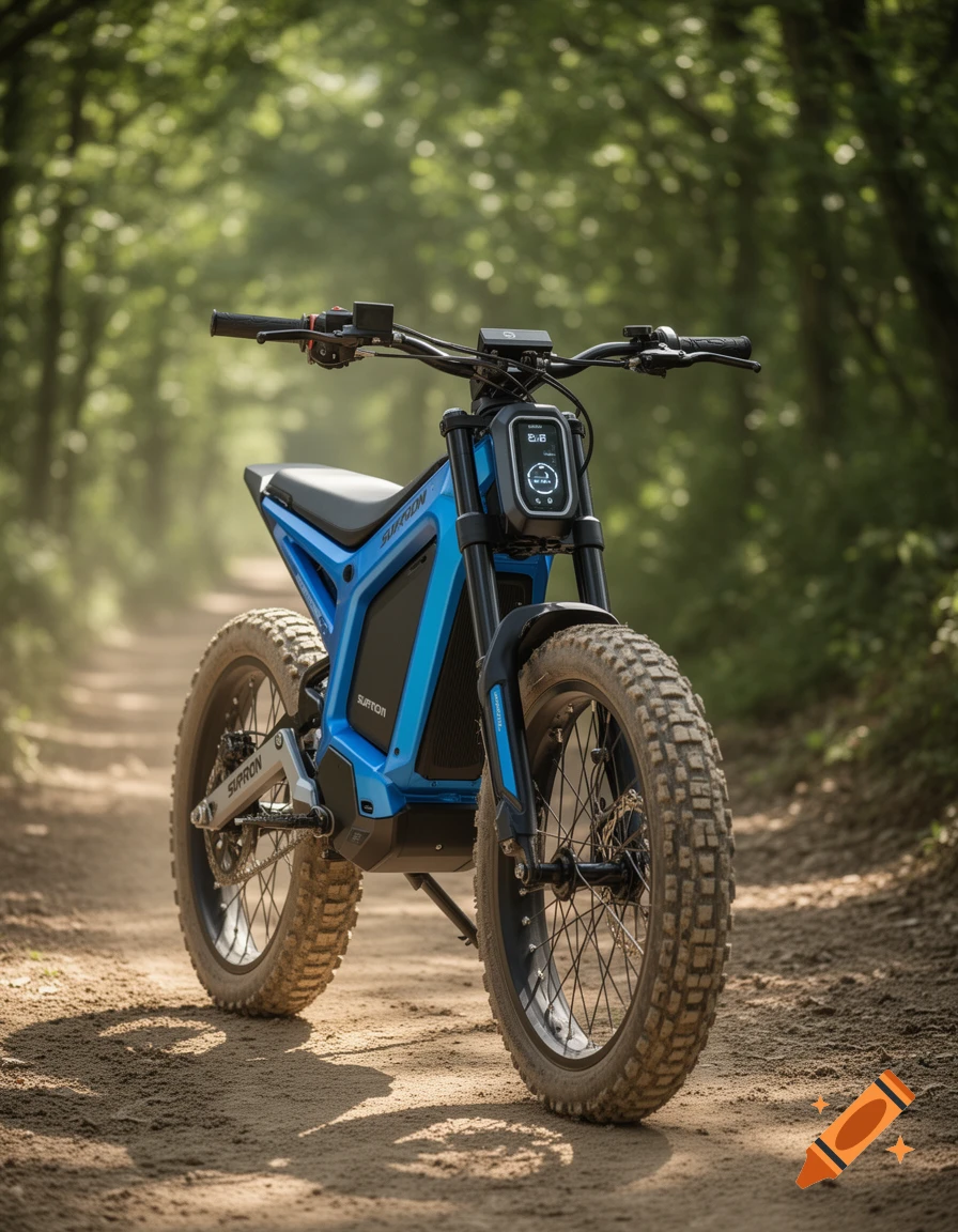 A blue electric Surron motorcycle with knobby tires on a dirt path in a sun-dappled forest.