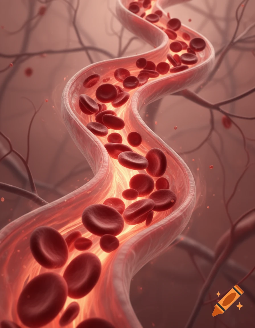 Red blood cells flow through a glowing artery in a scientific illustration against a blurry background of smaller vessels.