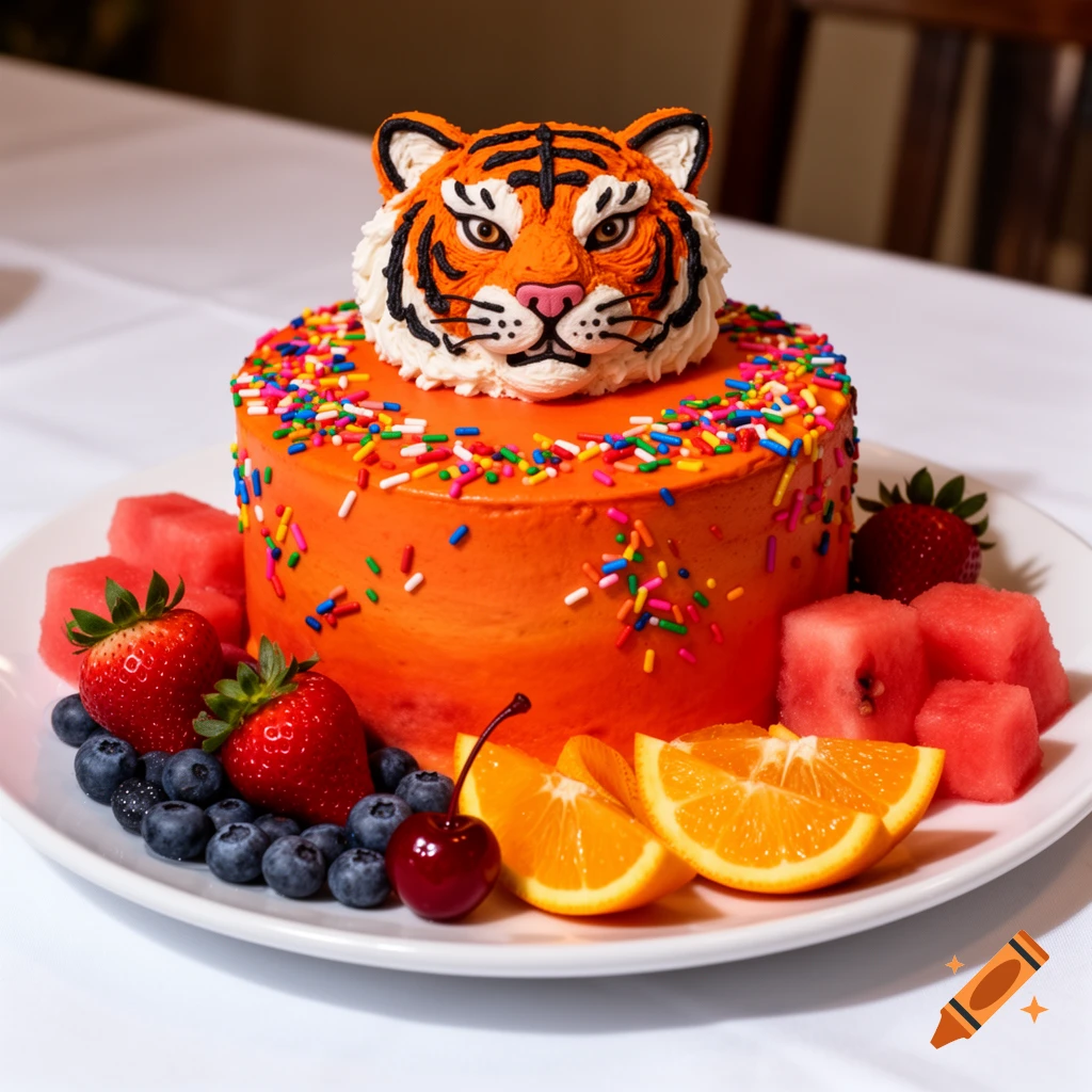 A vibrant orange tiger cake with rainbow sprinkles, topped with a frosting tiger face, surrounded by strawberries, blueberries, watermelon, orange slices, and a cherry on a white plate.