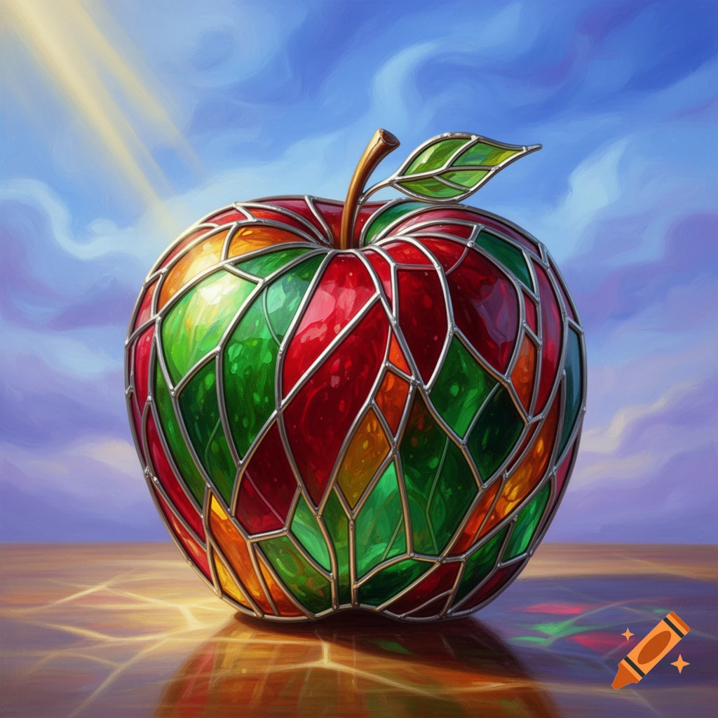 A vibrant stained-glass apple with red, green, and orange panels, reflecting light on a surface under a blue sky.
