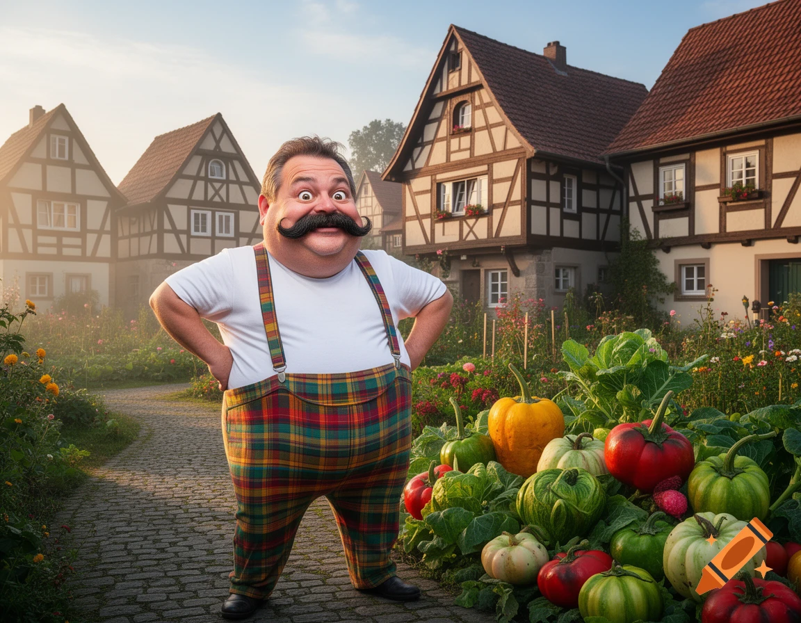 A portly man with a large mustache and plaid overalls stands in a vibrant garden with oversized vegetables, in front of traditional half-timbered houses.