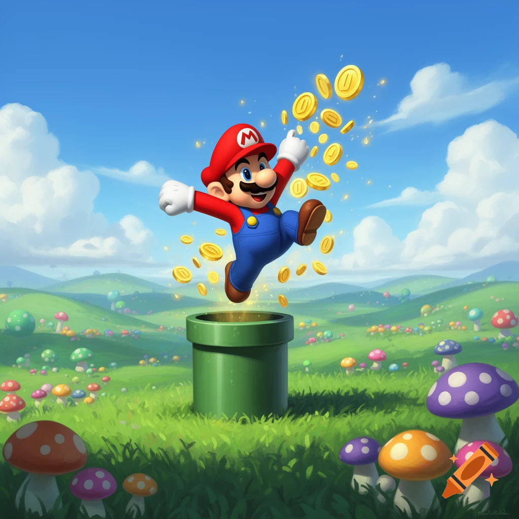 A cartoon Mario jumps from a green pipe, surrounded by falling gold coins in a vibrant, mushroom-filled grassy landscape under a blue sky.