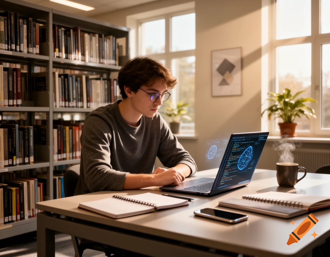 A young male student with glasses works on a laptop displaying code and a holographic network graphic in a library, next to books and a steaming mug.
