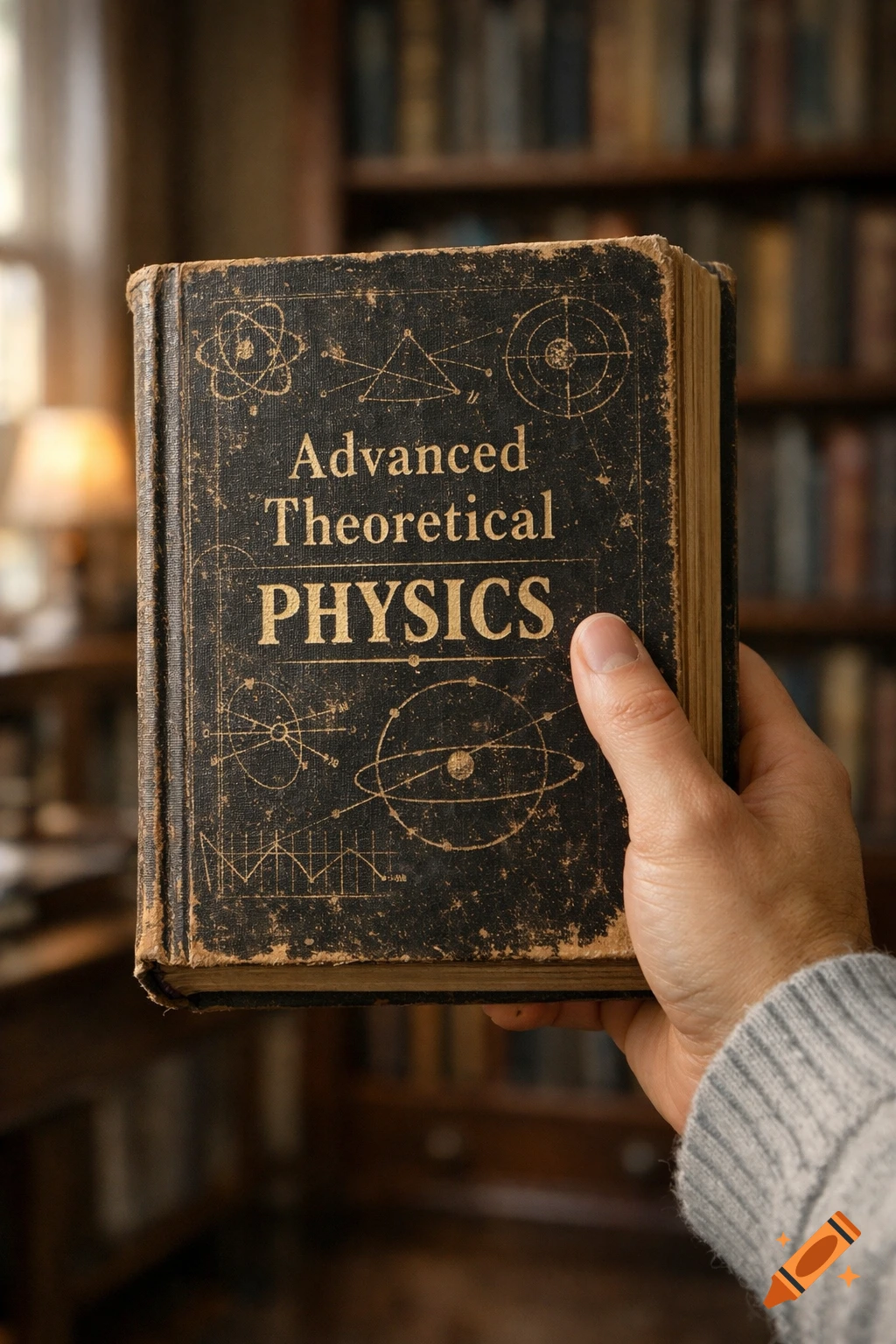 A hand holds an antique book titled 'Advanced Theoretical PHYSICS' in a dimly lit library, photorealistic style.