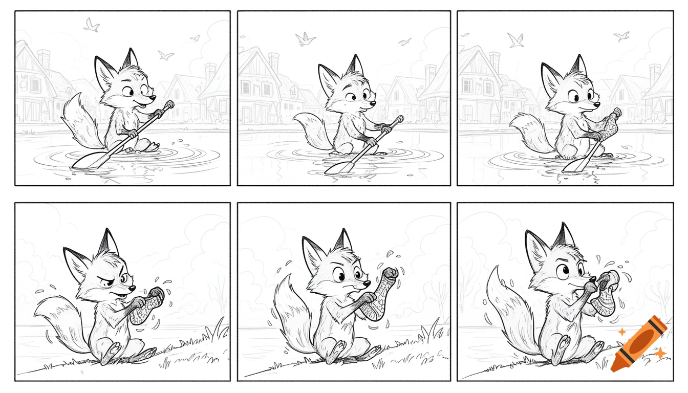 Black and white comic storyboard of a cute fox paddling in a pond, then on the shore struggling to remove a wet sock.