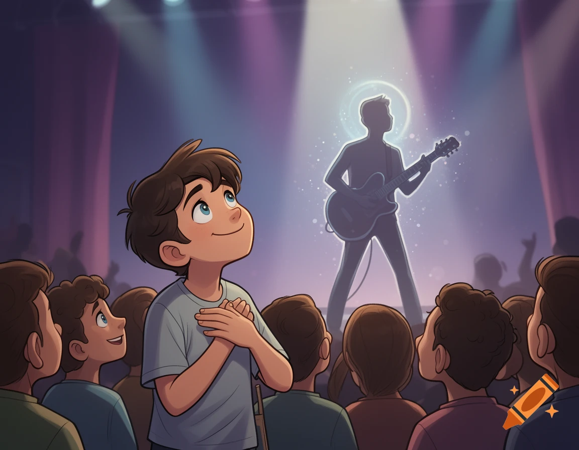 A young cartoon boy with clasped hands looks up admiringly at a silhouetted guitarist on a brightly lit stage during a concert.