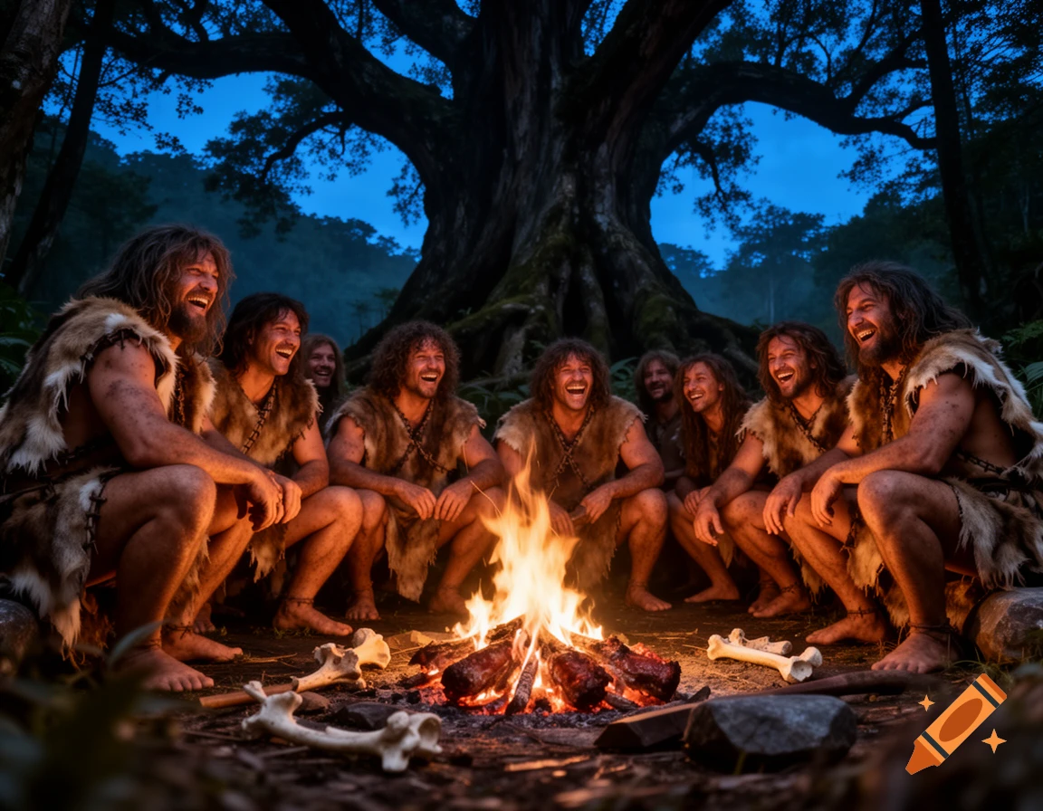 Smiling cavemen in fur clothing gather around a crackling campfire in a dark forest at night.