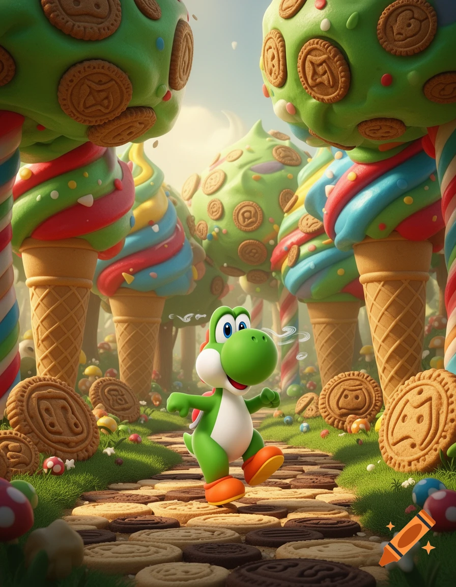 A vibrant cartoon Yoshi walks through a whimsical candy forest of giant ice cream cones and cookies under a bright sky.