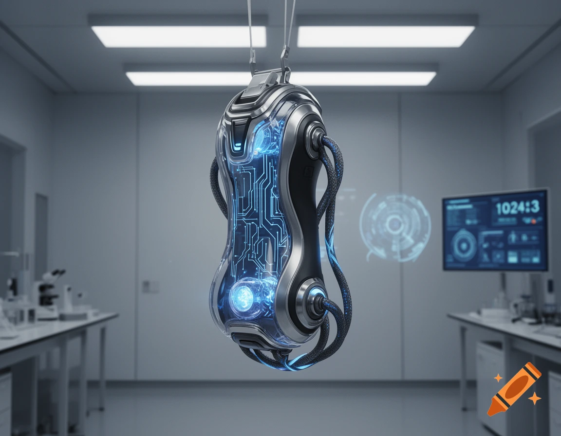 A sleek, futuristic powerpack with glowing blue circuits hangs centered in a clean, high-tech laboratory.
