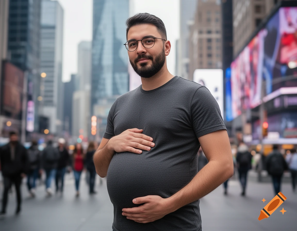 A photorealistic image of a pregnant man holding his belly, standing on a bustling city street with skyscrapers.