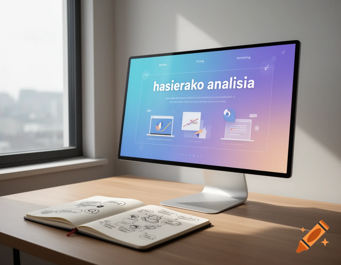 A computer monitor displaying "hasierako analisia" on a light blue and purple gradient background, next to an open notebook with diagrams on a wooden desk. A window is in the background.