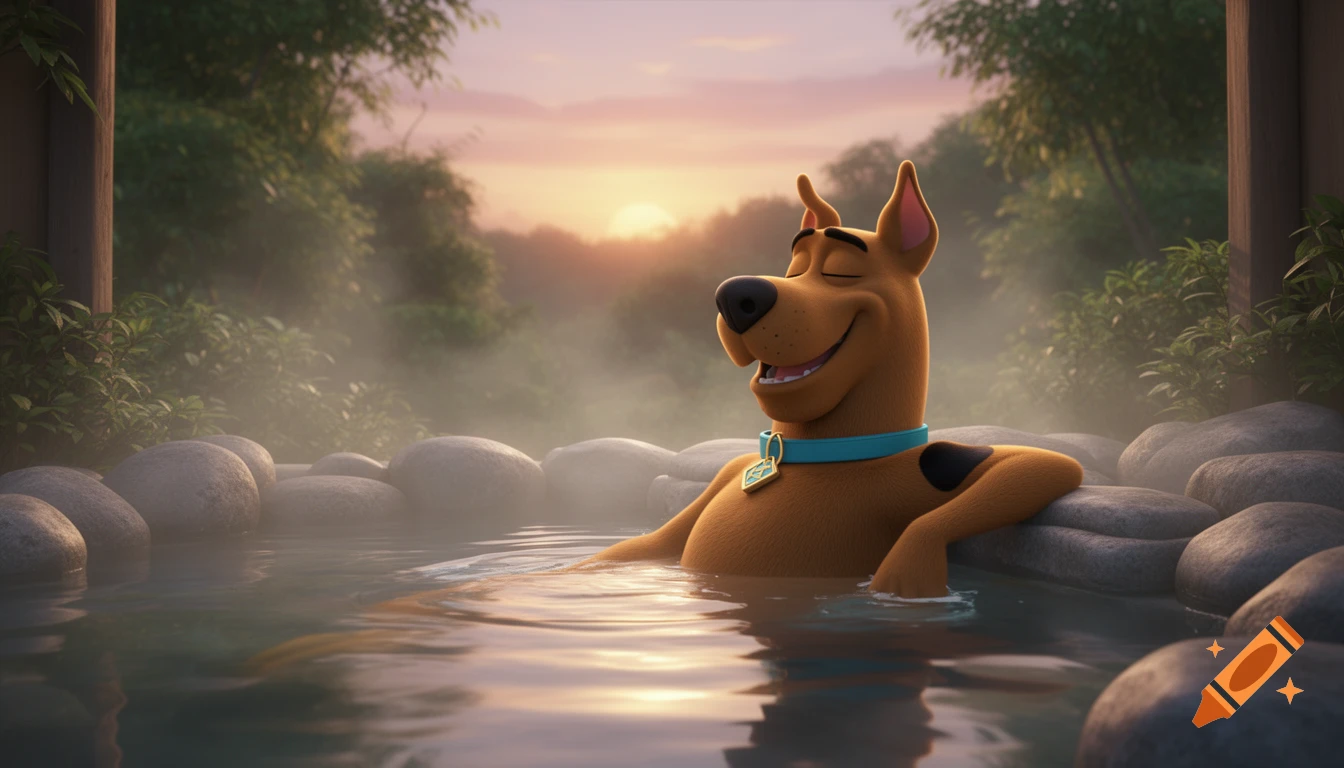 Scooby-Doo relaxing chest-deep in a steaming hot spring onsen bath at sunset, 3D detailed CGI animation.